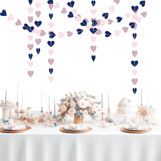 Navy-Blue Pink Rose-Gold Party Decorations - 52Ft Paper Heart Garland Streamers for Baby Shower, Gender Reveal, Birthday, Engagement, Bachelorette, Wedding
