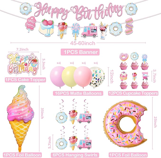 Sweets Birthday Party Decorations for Girls- Pastel Ice Cream Party Supplies, Donut Balloons Happy Birthday Banner Cupcake Topper Candy Theme Birthday for Baby Shower Wedding