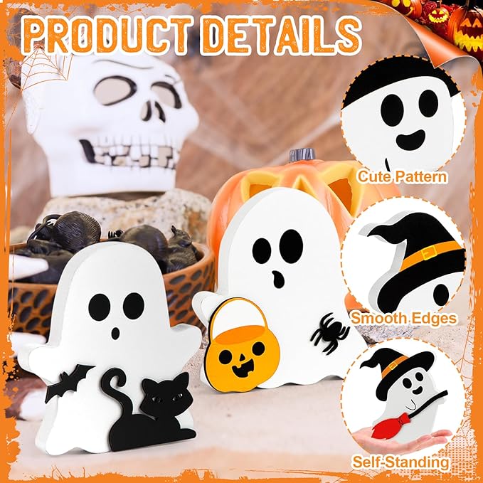 COCHIE Cute Ghost Halloween Decorations Indoor, Wooden Tiered Tray Decor Table Sign Set of 3, Black Cat Bat Witch Broom Signs Pumpkin Blocks for Party Home Shelf Display (A-Ghost)