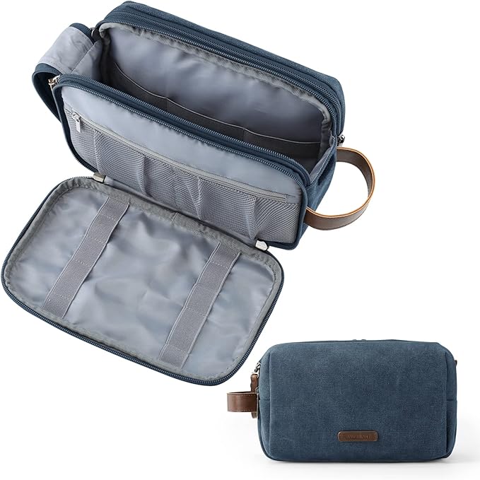 BAGSMART Toiletry Bag for Men, Canvas Travel Toiletry Organizer Dopp Kit Water-resistant Shaving Bag for Toiletries Accessories,Navy Blue-Large