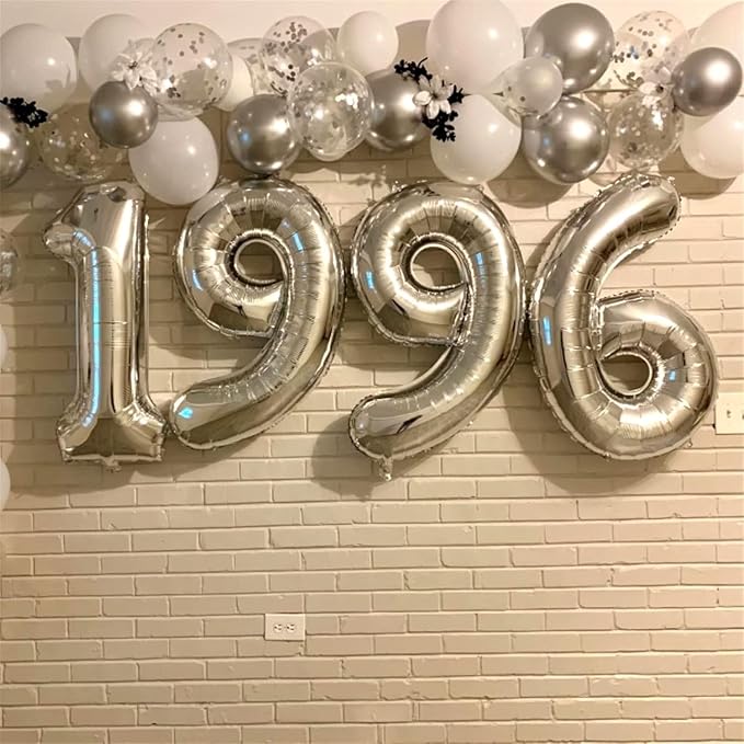 32 In Silver Large Numbers Balloons 0-9, Self Inflating Number 1 Balloons for Boys Girls, Big Silver Digit 1 Balloons for Women Men Birthday Party Anniversary Wedding Supplies Decorations