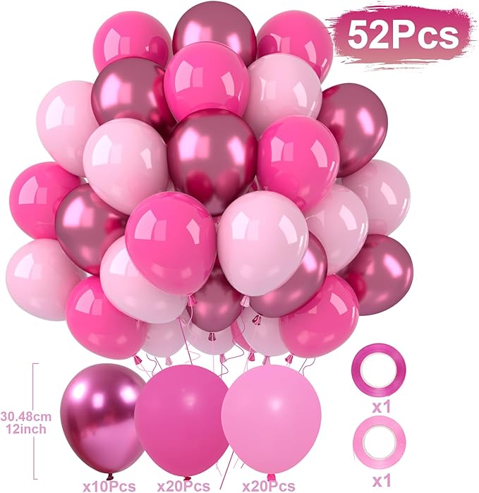 Patimate Pink Balloons Set, 50 pcs 12 inch Metallic Pastel Hot Pink Latex Balloons Kit for Girls Women Birthday Baby Shower Bachelorette Wedding Bridal Shower Princess Party Decorations