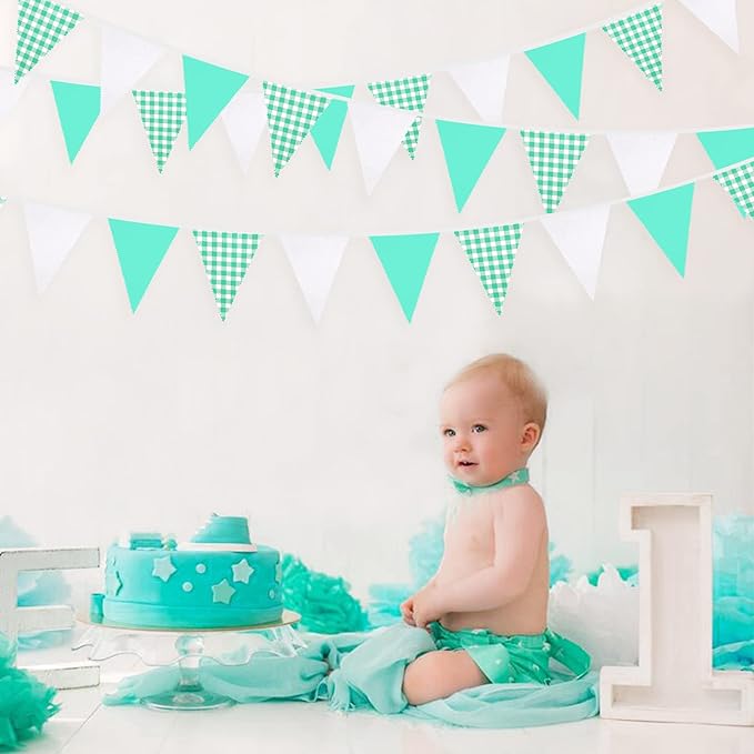 32Ft Aqua Green Plaid Checkered Party Banners Gingham Triangle Pennant Flag Bunting Fabric Garland Streamers for Wedding Birthday Picnic BBQ Bridal Baby Shower Outdoor Garden Festivals Decoration