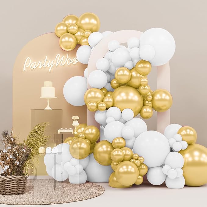 PartyWoo White and Gold Balloons, 140 pcs White and Metallic Gold Balloons Different Sizes Pack of 18 Inch 12 Inch 10 Inch 5 Inch for Balloon Garland or Arch as Birthday Decorations, Party Decorations