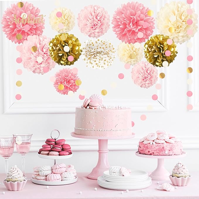 AOBKIAT Wedding Baby Shower Decorations Set,15PCS Pink Gold Tissue Paper Pom Poms,Circle Dots Colorful Paper Garland String Hanging Backdrop for Birthday Party,Gender Reveal Celebration Decor