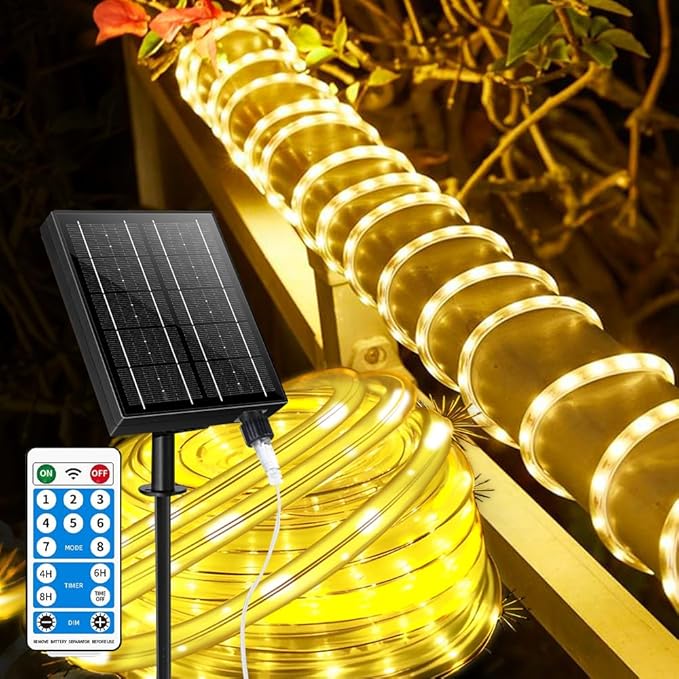 Larger Tube Solar Rope Lights 200LEDs Waterproof,Rechargeable Battery,Dual Charging,39FT Outdoor String Light,Remote-Control,for Pathway Patio Garden Palm Tree Christmas (Brighter - Warm White)