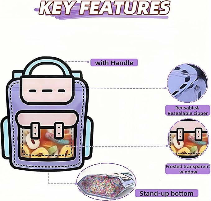 PABCK 20 Pack Plastic Gift Bags Cartoon Goodie Bags 9.45x11.02 inch Backpack-shaped Candy Snack Packaging Bag with Handle Resealable Treats Birthday Party Favor Stand Up (10 Purple and 10 Orange)