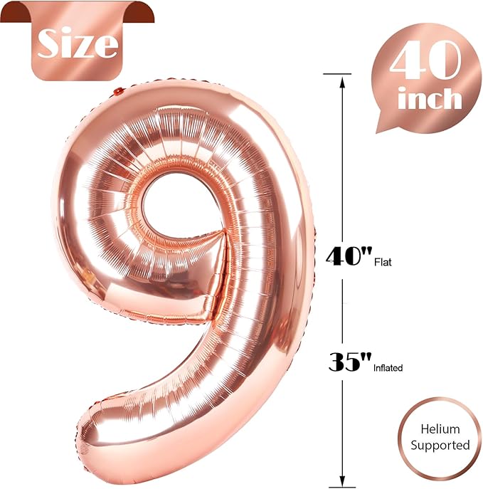 Rose Gold 9 Balloon, Number Balloons 40 Inch, 9th Giant Birthday Decorations for Boys Girls, 19th 29th Party Decorations Supplies, Number 9 Balloon