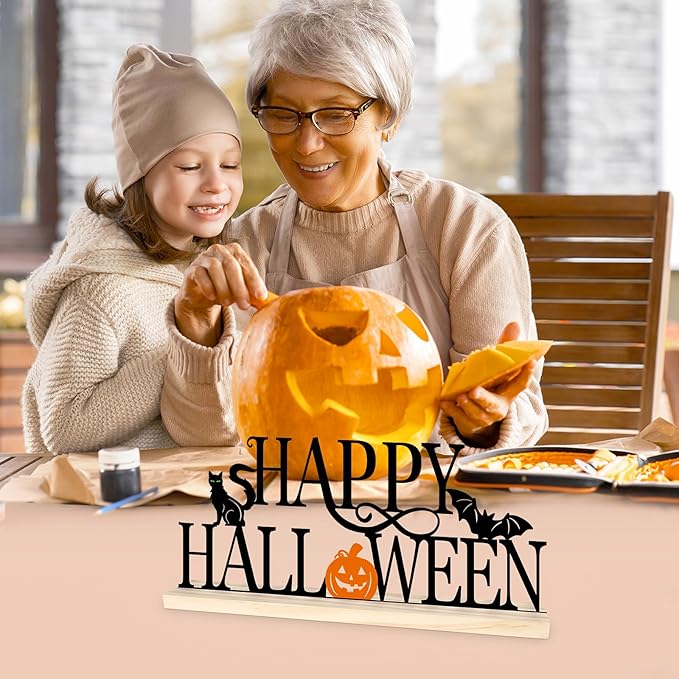 COCHIE Metal Happy Halloween Sign, Black Halloween Decorations for Home, Office, Shelf, Mantel, Indoor, Jack-o-lantern Decoration, Spooky Cat Bat Decor (Halloween)