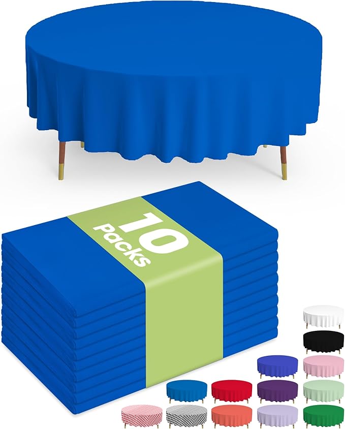 Pureegg Plastic Table Cloth Disposable 10 Pack, 84'' Round Table Cloths, Graduation, Patriotic Decorations, Thanksgiving, Veterans Day Tablecloths, Round, Plastic Cover, Leakproof & Sturdy, Blue