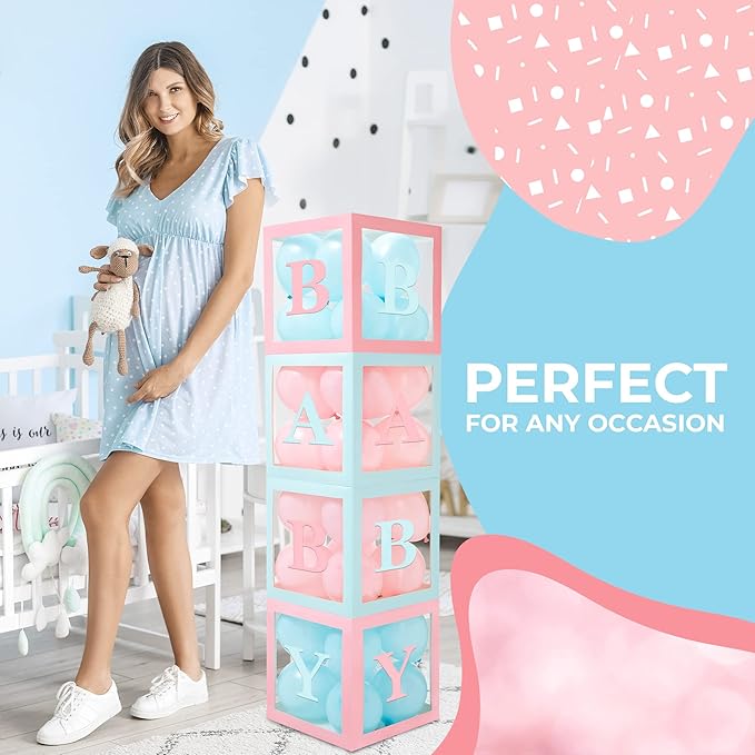 Baby Shower Boxes with Letters – Pink And Blue Boxes with Pink & Blue Balloons – 44-Piece Gender Reveal & Party Decoration Set by Vellax