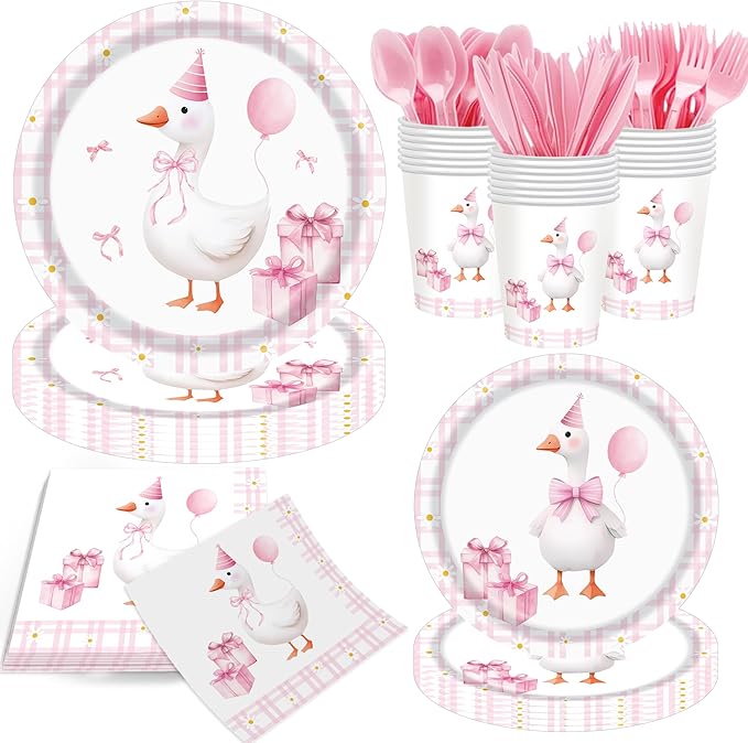 140pcs Pink Pet Duck Birthday Decorations Supplies, Disposable Paper Dinnerware Set Paper Plates Napkins Cups Set for 20 Guests Duck