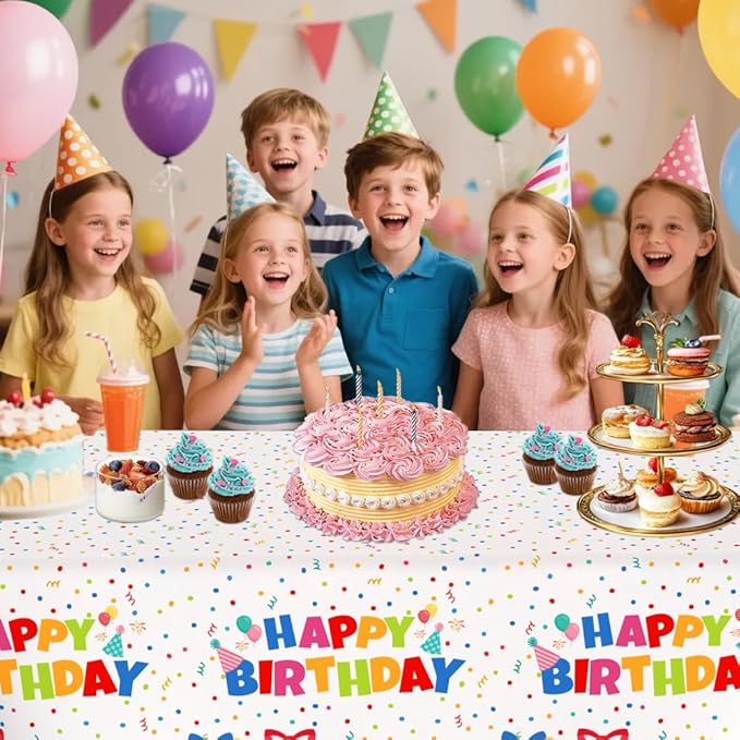 Birthday Tablecloth, 4 PCS Birthday Table Cloths 54'' x 108'' Disposable Birthdays Table Cover Waterproof Plastic TableCloth Rectangle Party Tablecloths for Kid’s Happy Birthdays Party Decorations
