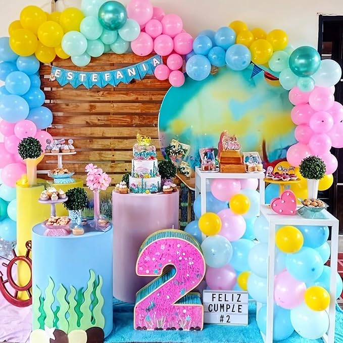 Colorful Cartoon Shark Balloons, 60PCS Pastel Pink Green Blue Yellow Clear Metallic Dark Green Latex Balloons for Ocean Baby Shower Under the Sea Birthday Theme Party Decorations Supplies