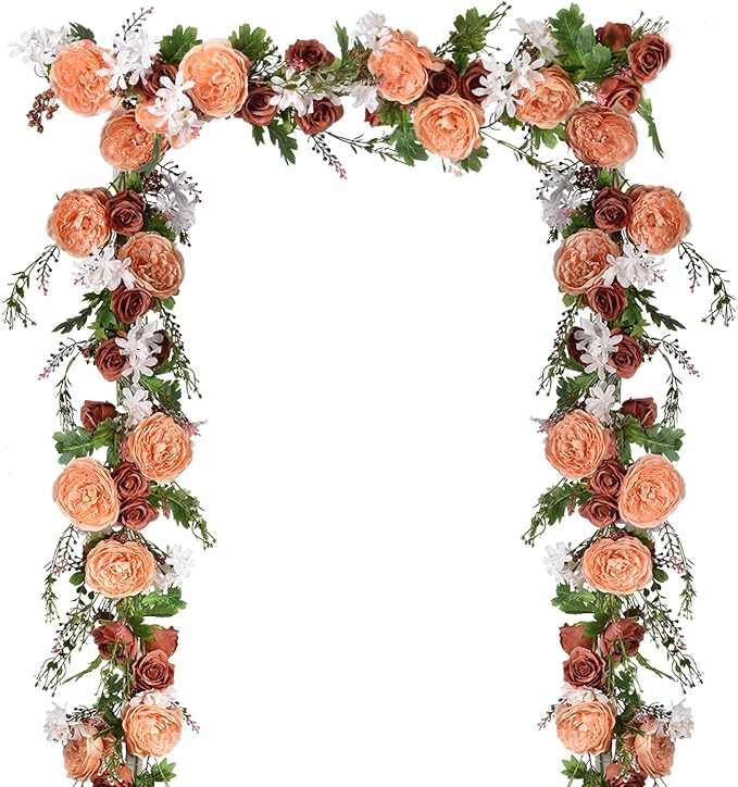 Lvydec 2 Pack Artificial Peony Flower Garland - 6ft Silk Peony Orange Flower Garland Arch Flower Vine for Wedding Party Table Decoration(Orange)