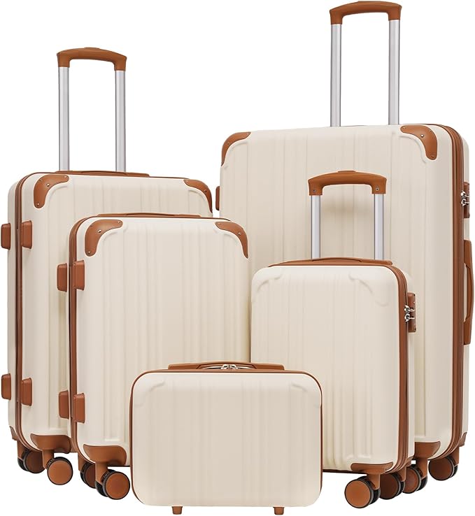 Coolife Luggage Sets, 5 Piece Durable Suitcase, Lightweight Carry on Luggage with ABS Hardshell, Dual Spinner Wheels, TSA Lock and YKK Zipper (apricot white, 5 piece set)