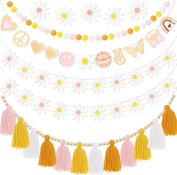 Groovy Party Decoration Garland 5Pcs, Groovy Hippie Banner Daisy Boho Tassel Garland Decor, Pre Strung Pom Pom Spring Party Supplies Hippie Party Decorations for Wall Window Home Room