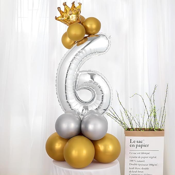 32 In Silver Large Numbers Balloons 0-9, Self Inflating Number 6 Balloons for Boys Girls, Big Silver Digit 6 Balloons for Women Men Birthday Party Anniversary Wedding Supplies Decorations