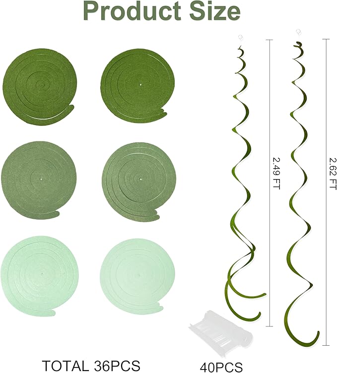 36Pcs Olive Green Hanging Swirl Decorations Ombre Sage Green Felt Swirl Streamer Spiral Ceiling Garland for Neutral Baby Shower Birthday Wedding Engagement Safari Jungle Woodland Party Supplies