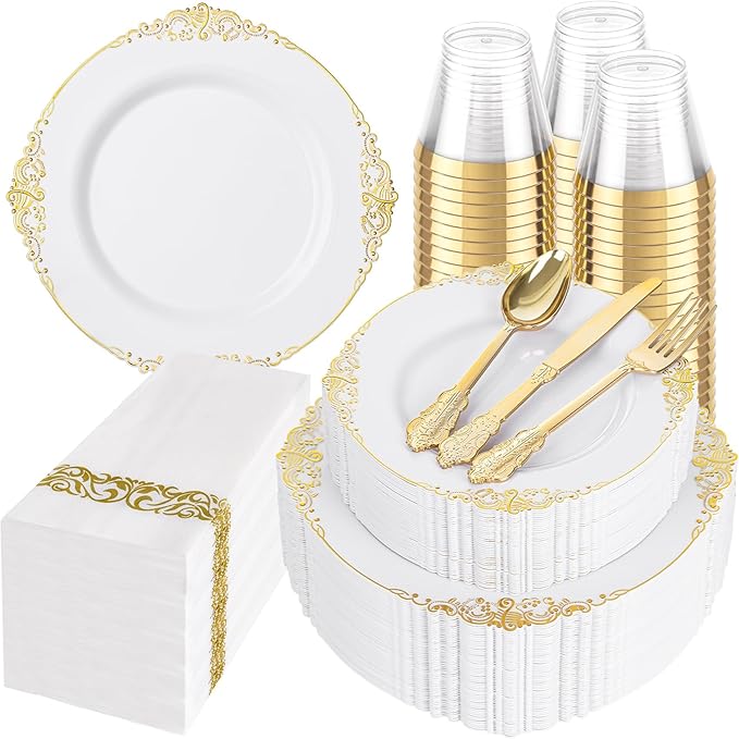 Hioasis 350pcs White and Gold Plates - White Party Plates for 50 Guest, Include 100 Heavy-duty Plates(20% Thicker Than Standard), 150 Cutlery Set, 50 Napkin, 50 Cups