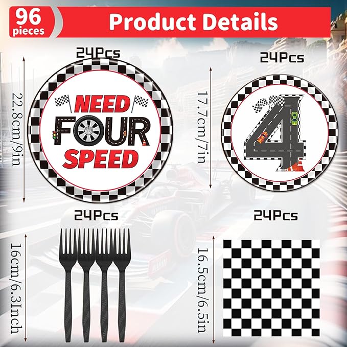 Rakuto Cars 4th Birthday Party Plates and Napkins Set, 96PCS Need Four Speed Birthday Decorations Supplies, Racing Car Fourth Disposable Tableware for Boys