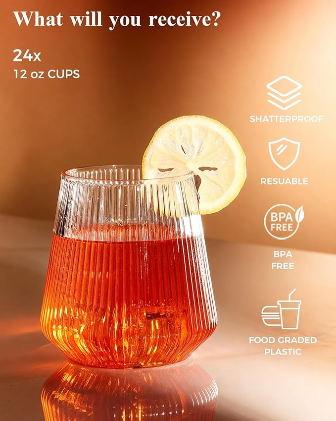 BESTSTAR 48 Pack Disposable Ribbed Origami Ripple Plastic Glasses Set - 24 9 OZ Stemless Champagne Flutes & 24 12OZ Cups, BPA-Free Shatterproof Clear Drinkware for Weddings, Parties & Events (Clear)