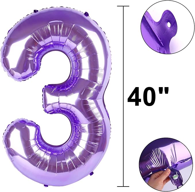 40 Inch Balloon Purple Number 3 Big Foil Helium Number Balloons Giant Mylar Number 3rd Balloons for 13th Birthday Anniversary Party Decorations Supplies