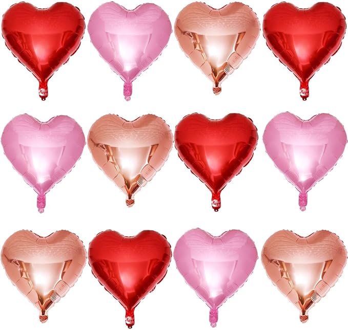 Lovoir 12 Pcs Red Heart Shape Foil Mylar Balloons 18 Inch Love Balloons for Valentine's Day Birthday Party Decorations Wedding Engagement Romantic Decor (Red & Pearl Pink & Rose Gold)