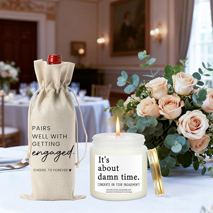 Engaged Engagement Gifts for Couples Her Engagement Party Decorations for Couple Wine Bag Scented Candles Set Pairs Well with Getting Engaged Wine Bag It's About Damn Time Candles