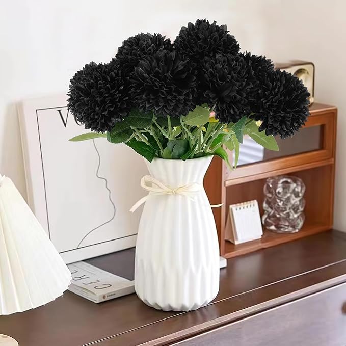 Hananona 12 Pcs Artificial Chrysanthemums Flowers Ball Flower, Fake Mums Flowers Black Silk Plants for Ghothic Home Decor Indoor Floral Arrangement Halloween Table Centerpiece (12, Black)