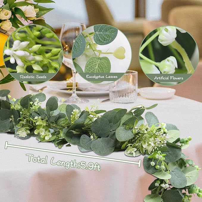 Uguisu 5.9ft Artificial Greenery Garland, Eucalyptus Garland, Fake Greenery Hanging Vine Decorations for Wedding Arch, Table, Party, Backdrop, Mantel, Indoor and Outdoor Home Decor. (1pcs/Green)