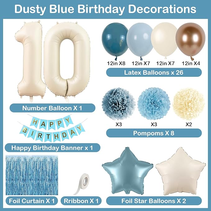 Dusty Blue 10th Birthday Party Decorations Boys Girls Beige Cream Number 10 Balloon with Blue Gold Happy Birthday Banner Fringe Curtain Paper Pom Poms Nude White Sand Champagne Star Foil Balloons