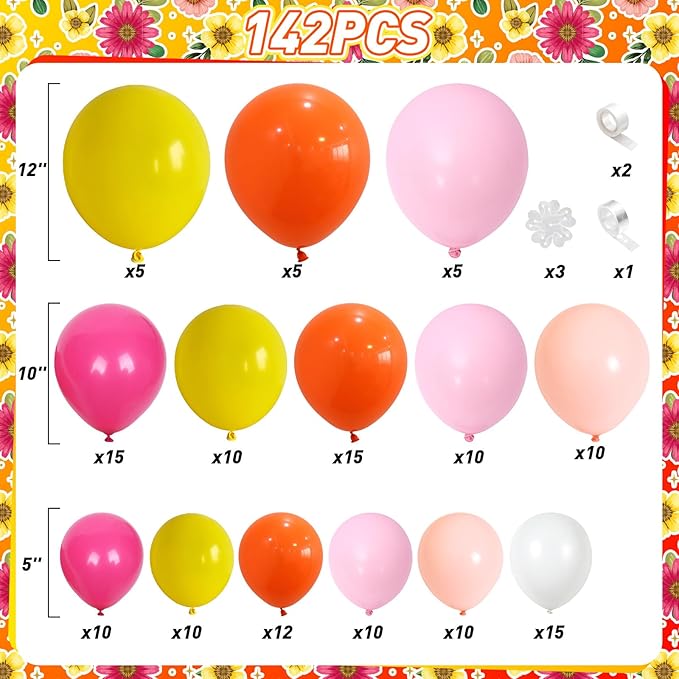 Boho Daisy Balloons Arch Kit, 142Pcs Hot Pink and Orange Balloons Garland Kit 12 10 5 Inch Pink Orange Yellow Latex Balloons for Boho Girls Women Birthday Baby Shower Wedding Party Decoration
