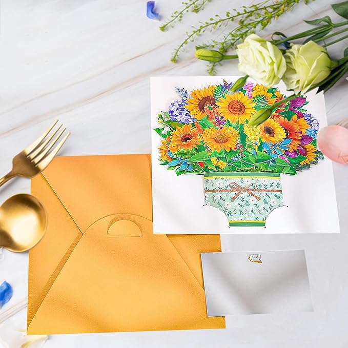 Sunflower Bouquet Pop Up Card, 3D Flower Greeting Card with Envelopes for Any Occasion, Birthday, Mother's Day, Anniversary, Valentines Day, Handmade Gifts, Foldable Flower Cards for Friends