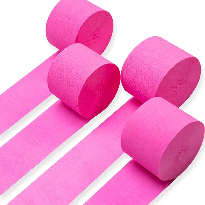 PartyWoo Pink Crepe Paper Streamers 4pcs 328ft Pack of Dark Hot Pink Magenta Fuchsia Crepe Paper Streamers for Birthday Gender Reveal Baby Shower Wedding Bachelorette Princess Party Decorations