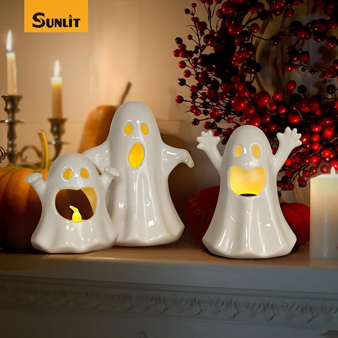 Sunlit Ceramic Ghost with 3 Tea Lights, Spooky Candle Holder Set of 3, Tabletop Indoor Halloween Decorations for Holiday Party Home, Spooky Sculptures Ghost Figurines, White