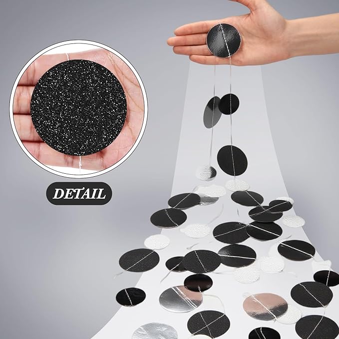 Outus 5 Pieces Black,Silver Round Dots Garland Easter Graduation Party Hanging Decor Each Length 13.1ft Glitter Paper Dot Streamers for Birthday Wedding Classroom
