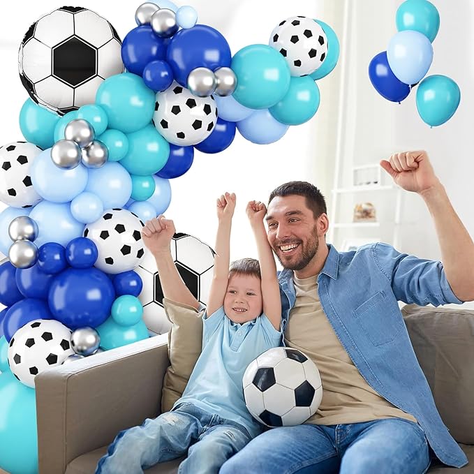 Soccer Balloon Arch Garland Kit, Royal Blue White Teal Blue Balloons Decorations with Soccer Foil Balloons for Men Women Teen Kids Soccer Football Theme Birthday Party Decor Supplies