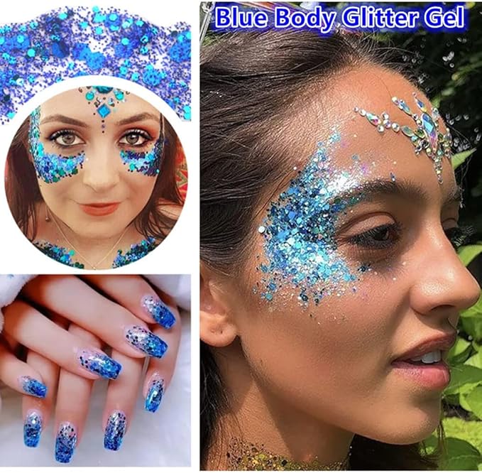 Go Ho Blue Face Body Glitter,Halloween Blue Face Paint Sparkling Mermaid Glitter Gel,Holographic Chunky Sequins Glitters for Eye Lip Hair Nails,Festival Rave Accessories