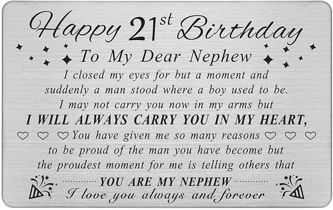 DEGASKEN Nephew 21st Birthday Card - 21st Birthday Card for Nephew - Happy 21 Year Old Birthday Gifts for Nephews, Special Engraved Wallet Card