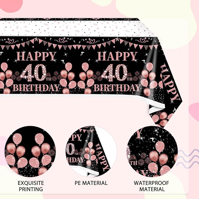 3 PCS 40th Black and Rose Gold Tablecloth Decorations Disposable Plastic Rectangle 40th Birthday Tablecloth for Girls Women Birthday Party Supplies (54x108inch)