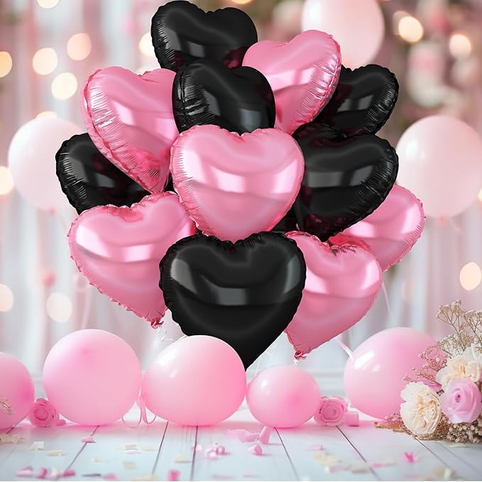 Pink Black Heart Balloons,12Pcs Light Pink Heart Shaped Foil Balloons,18Inch Black Pearl Pink Helium Balloon for Baby Shower Birthday Anniversary Wedding Party Decorations
