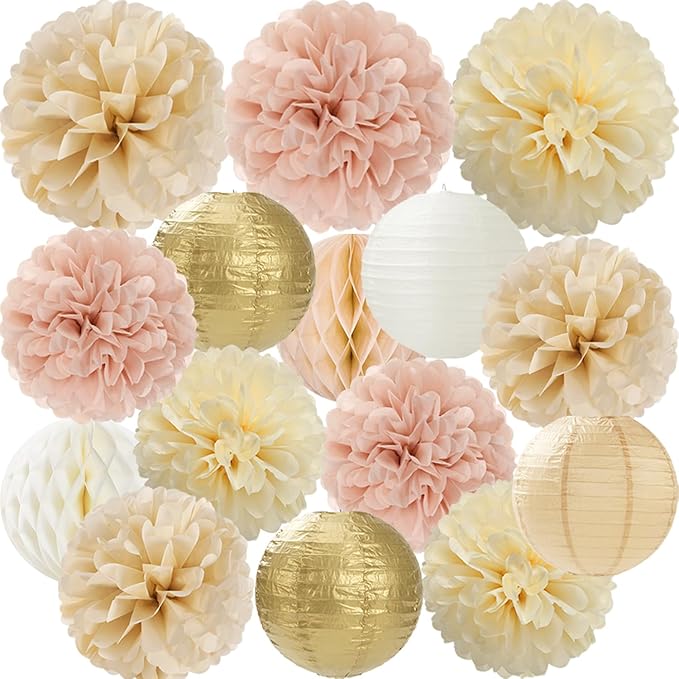 Champagne Gold Beige Paper Flowers Tissue Pom Poms Honeycomb Lanterns 15pcs Party Decorations Boho Fall Rustic Birthday Baby Bridal Shower Neutral Autumn Wedding Bridal Hanging Decor Mprocherify