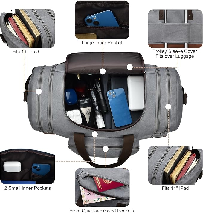 Litvyak Duffle Bag for Travel, 50L Canvas Travel Duffel Bags Overnight Weekend Gym Carry on Luggage Bag for Men & Women(Grey)