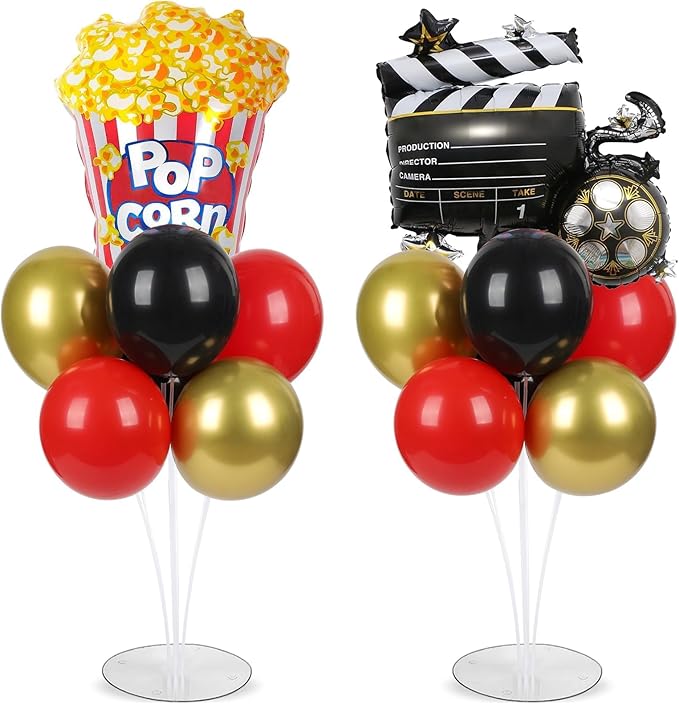 Movie Night Party Balloons Stand Kit 2 Sets with 2 Popcorn Clapboard Foil Balloons Black Red Gold Party Balloon Centerpiece for Tables for Birthday Camera Film Movie Party Decoration
