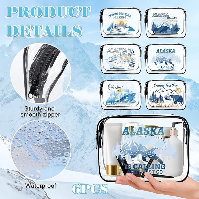 6 Pcs Clear Alaska Makeup Bags Gifts for Women, Beach Cruise Cosmetic Bag,Alaska Cruise Essentials, Travel PVC Waterproof Toiletry Bags for Girls Sister Daughter Nurse Teacher