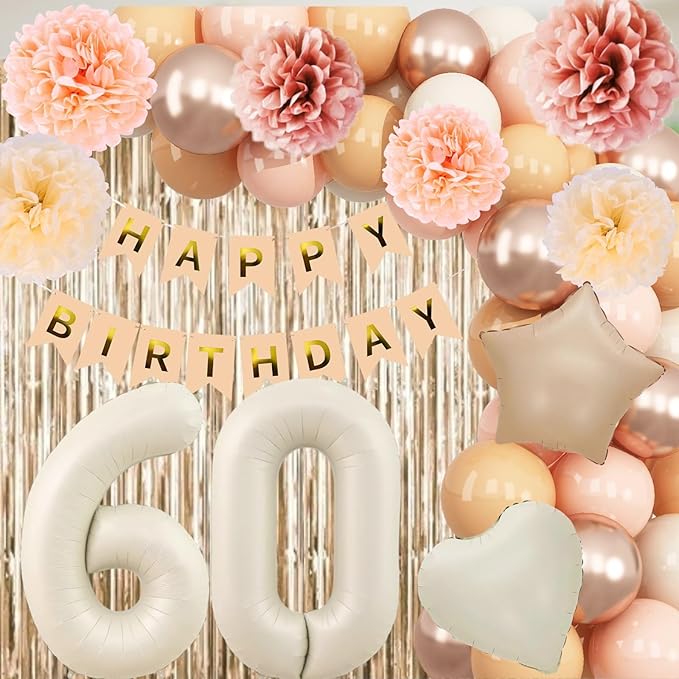 Beige 60th Birthday Decorations for Women Cream Number 60 Balloon Nude Gold Happy Birthday Banner Fringe Curtain Paper Pom Poms Blush White Sand Champagne Star Foil Balloons Neutral Boho Party Decor
