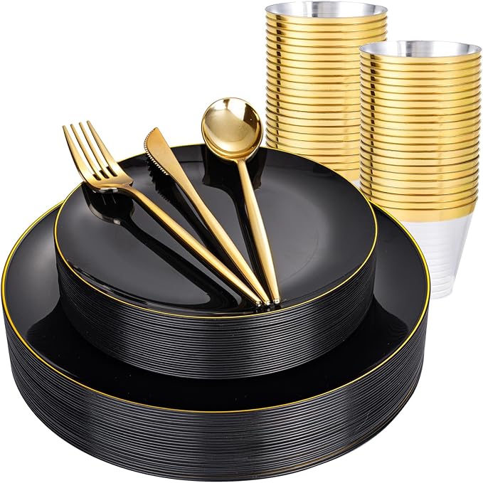 bUCLA 150PCS Black and Gold Plastic Plates - Black Gold Plastic Dinnerware Set Disposable - Include 25 Dinner / 25 Dessert Plates, 25 Knives, 25 Forks, 25 Spoons, 25 Cups, Ideal for Party & Birthday