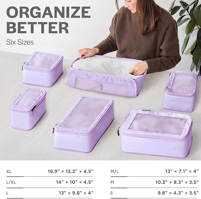 Aerotrunk Compression Packing Cubes for Travel - Luggage Organizer Bags - Double Zipper Packing Cubes for Suitcases (6-Pack, Purple)