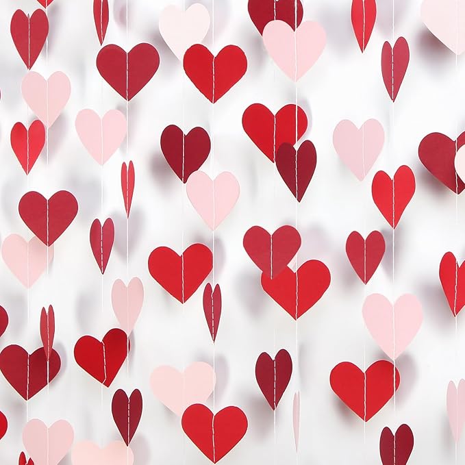 Pink Burgundy Red Party Decorations – 52Ft Paper Heart Garland Streamer Birthday Banner Engagement Bachelorette Mothers Day Wedding Anniversary Baby Bridal Shower Valentines Day Hanging Decor